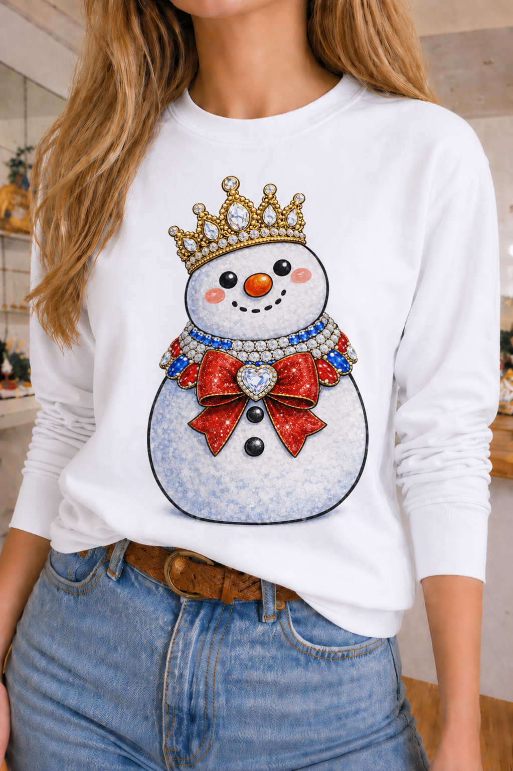 Red Bow Snowman on White Long Sleeve