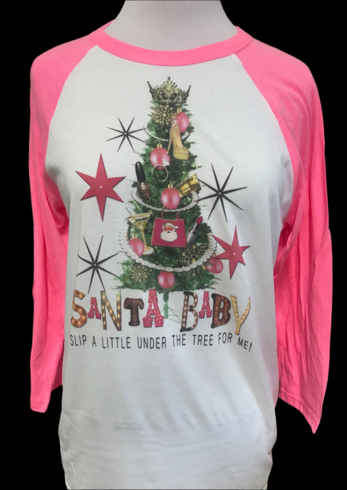Santa Baby on White/Neon Pink Raglan
