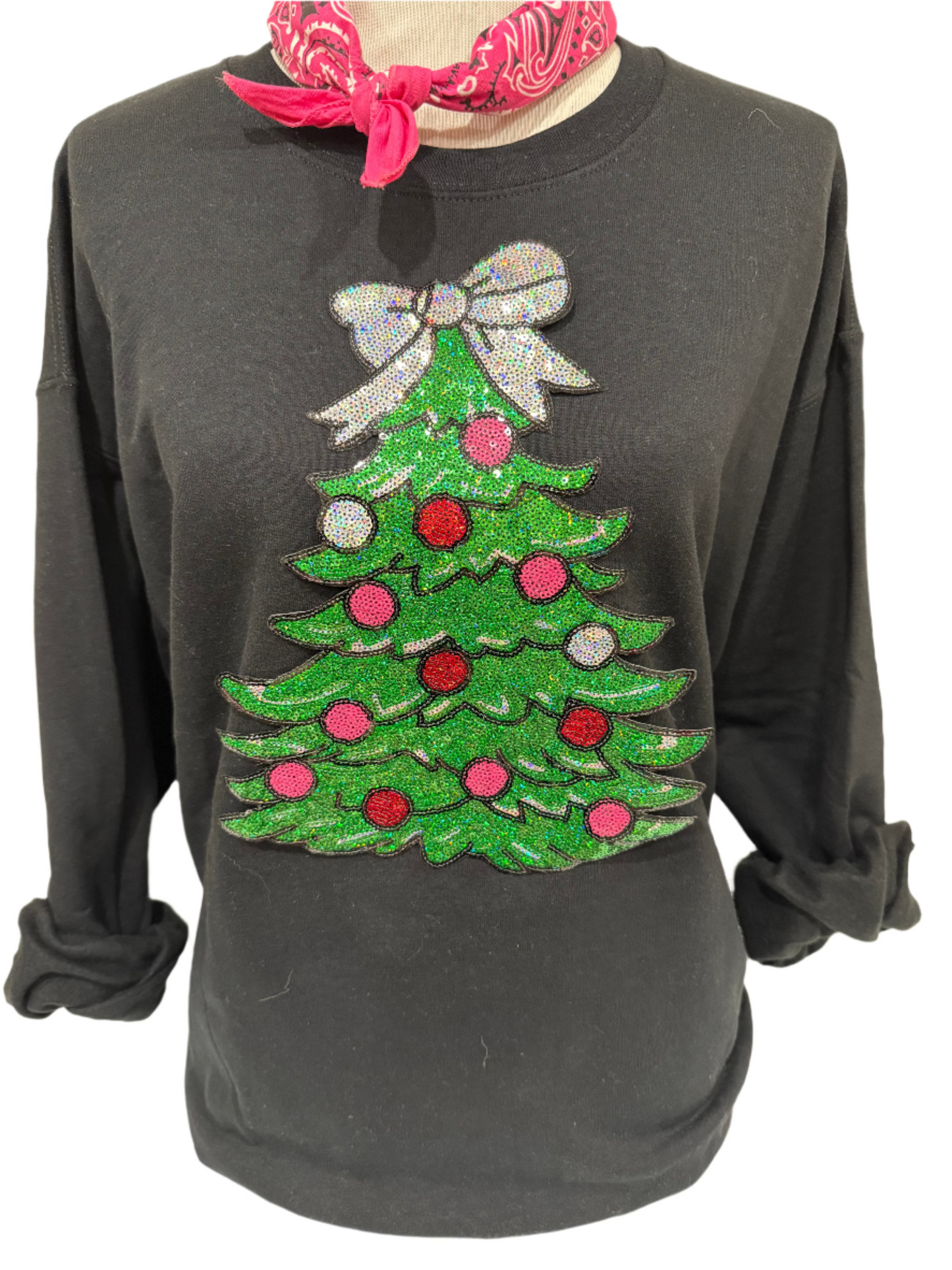 Sequin Glitter Christmas Tree on (Red. Kelly Green, Lime Green, Heliconia, OR Black) Sweatshirt