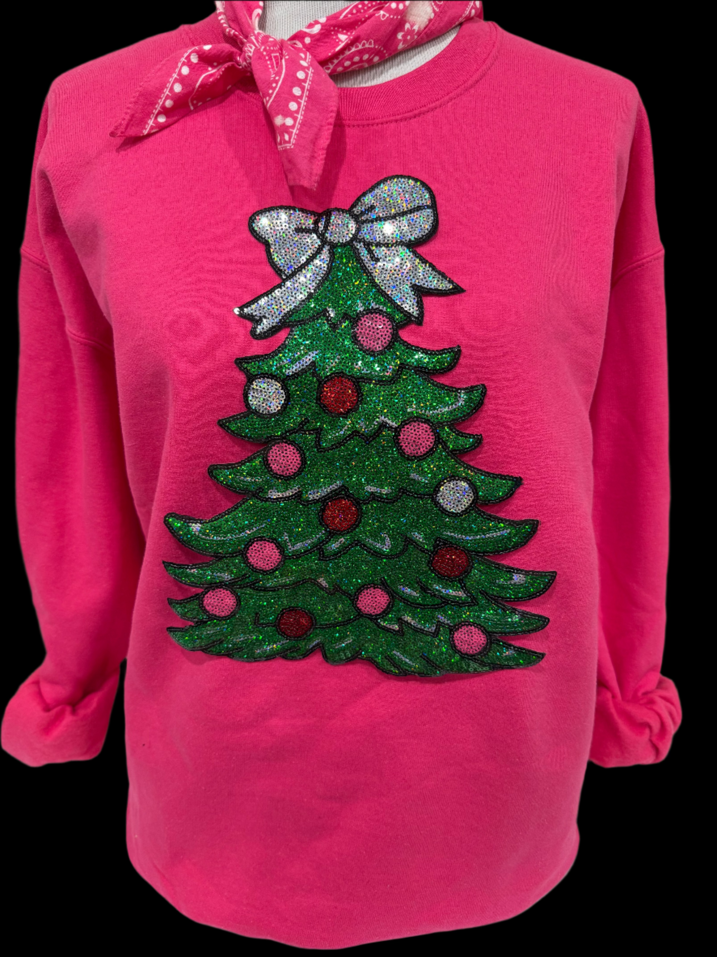Sequin Glitter Christmas Tree on (Red. Kelly Green, Lime Green, Heliconia, OR Black) Sweatshirt