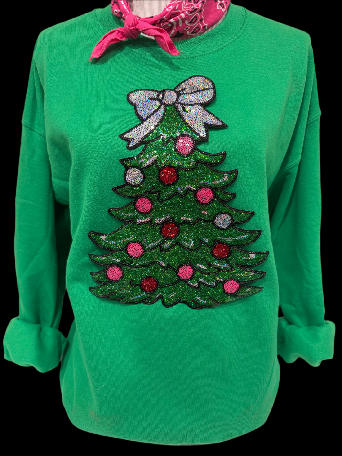 Sequin Glitter Christmas Tree on (Red. Kelly Green, Lime Green, Heliconia, OR Black) Sweatshirt
