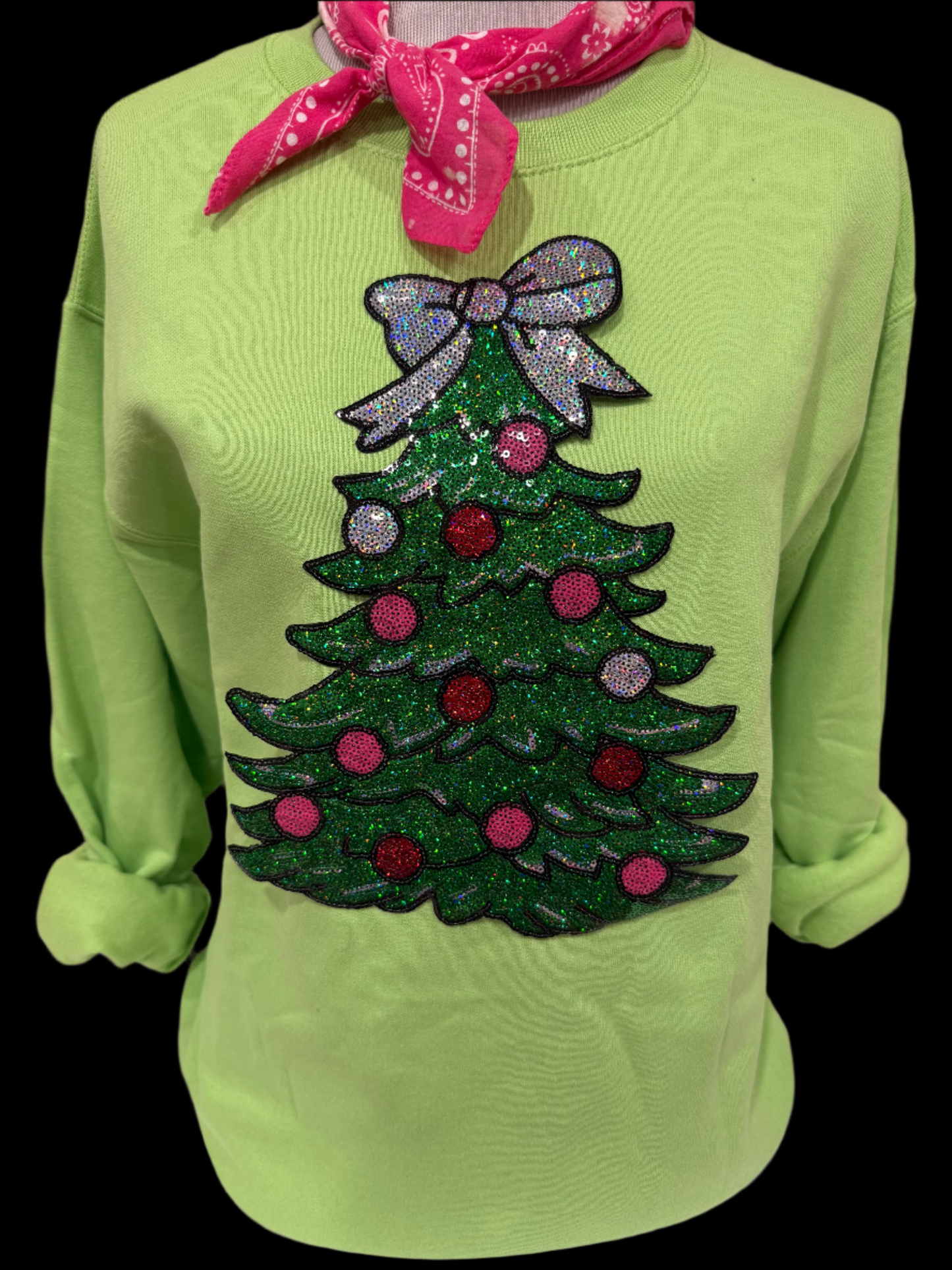 Sequin Glitter Christmas Tree on (Red. Kelly Green, Lime Green, Heliconia, OR Black) Sweatshirt