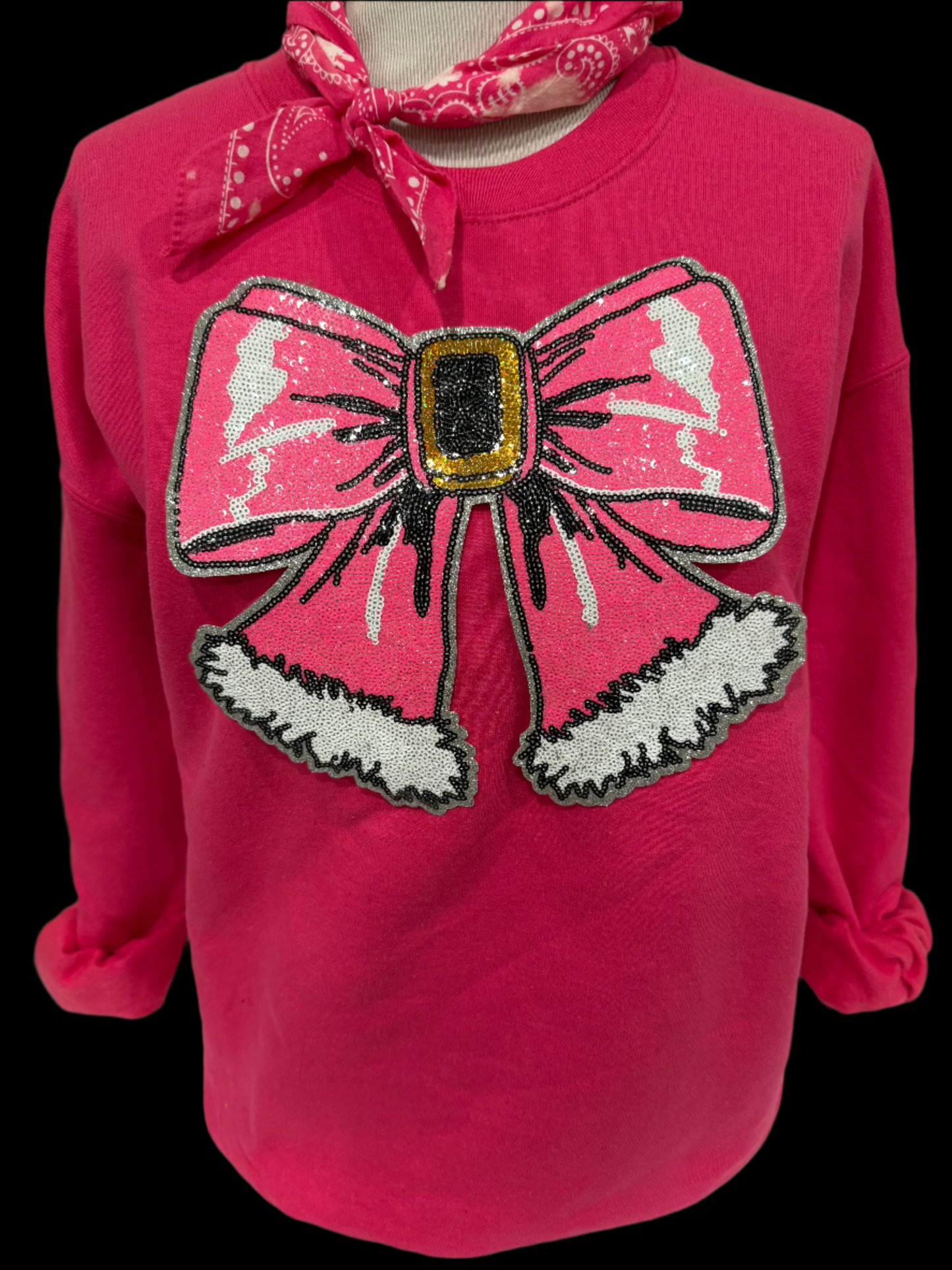 Sequin Glitter Pink Christmas Bow Patch on Black Crew OR (Kelly Green, Red, Heliconia OR Black) Sweatshirt