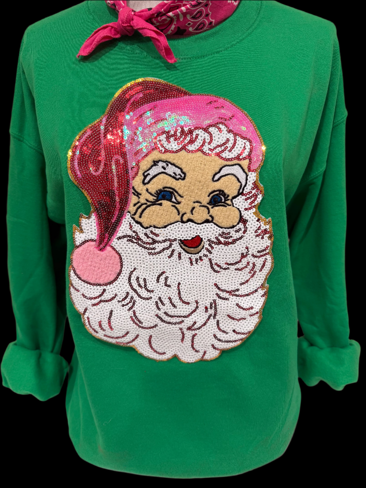 Sequin Santa Face on (Red, Kelly Green, Heliconia, Light Pink OR Black) Sweatshirt