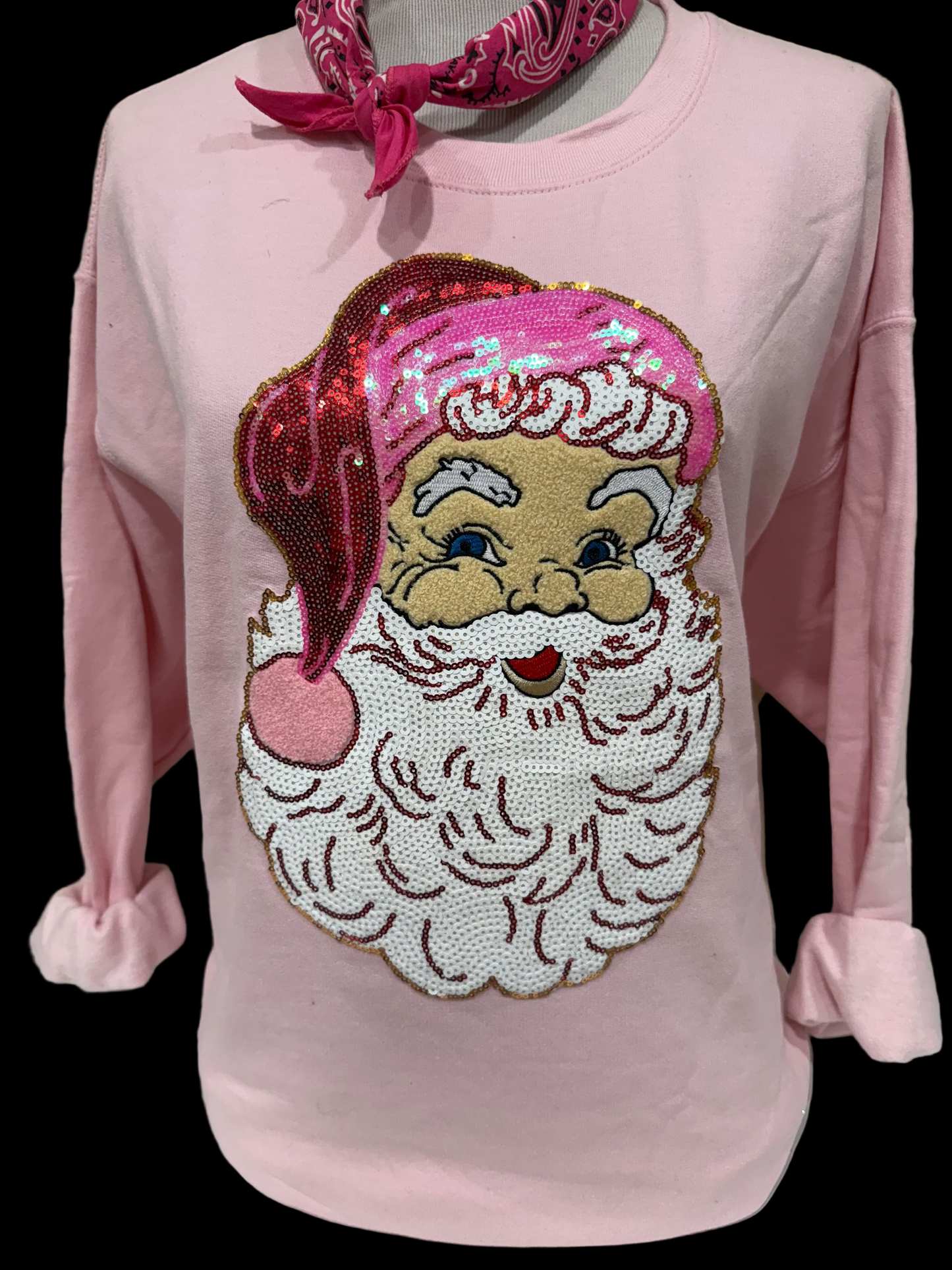 Sequin Santa Face on (Red, Kelly Green, Heliconia, Light Pink OR Black) Sweatshirt