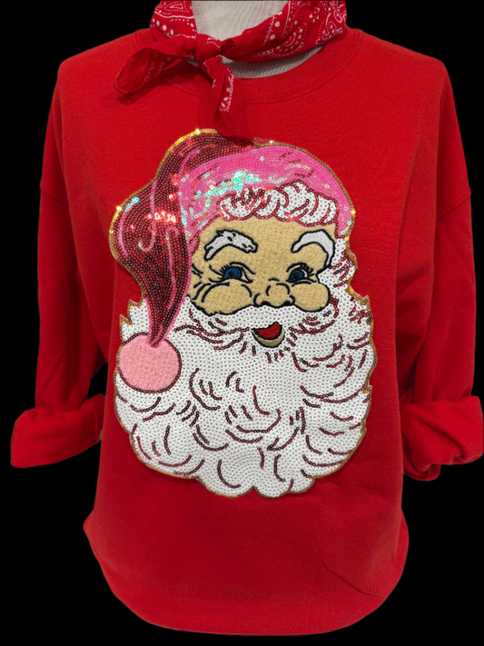 Sequin Santa Face on (Red, Kelly Green, Heliconia, Light Pink OR Black) Sweatshirt