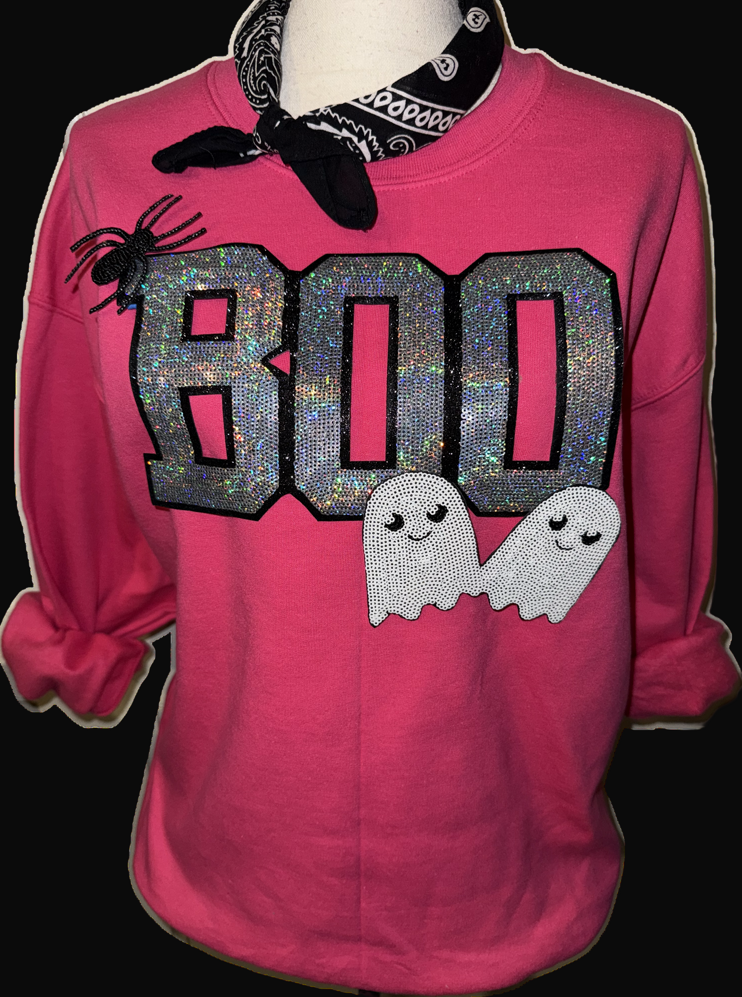 Sequin Boo on Orange Or Heliconia Sweatshirt