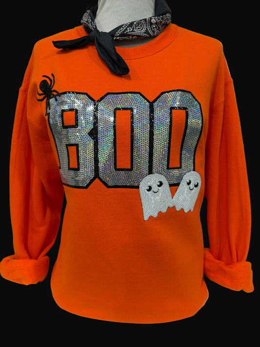 Sequin Boo on Orange Or Heliconia Sweatshirt