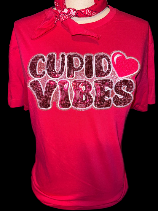 Sequin Cupid Vibes Patch on Red Crew