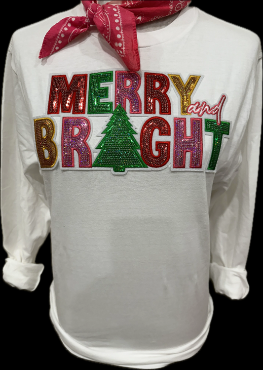 Sequin Merry and Bright Patch on White Sweatshirt