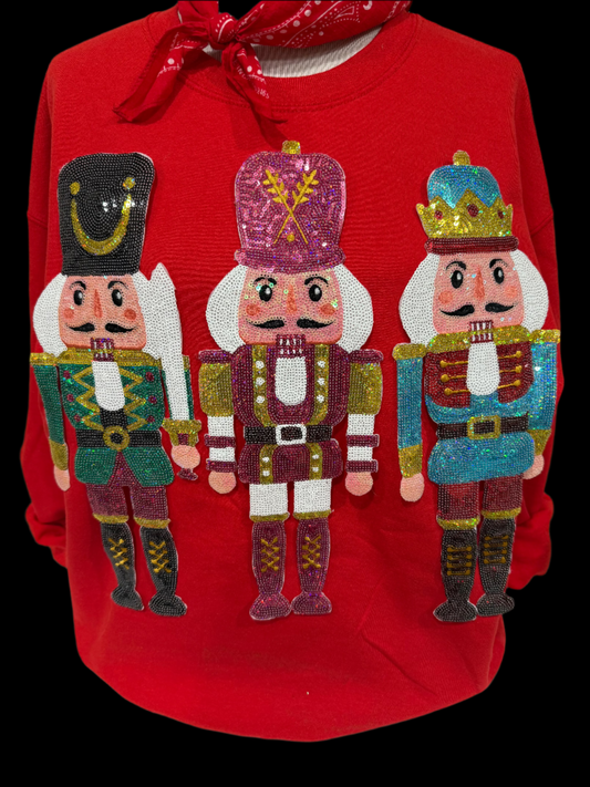 Sequin Nutcrackers Patch on Red Sweatshirt