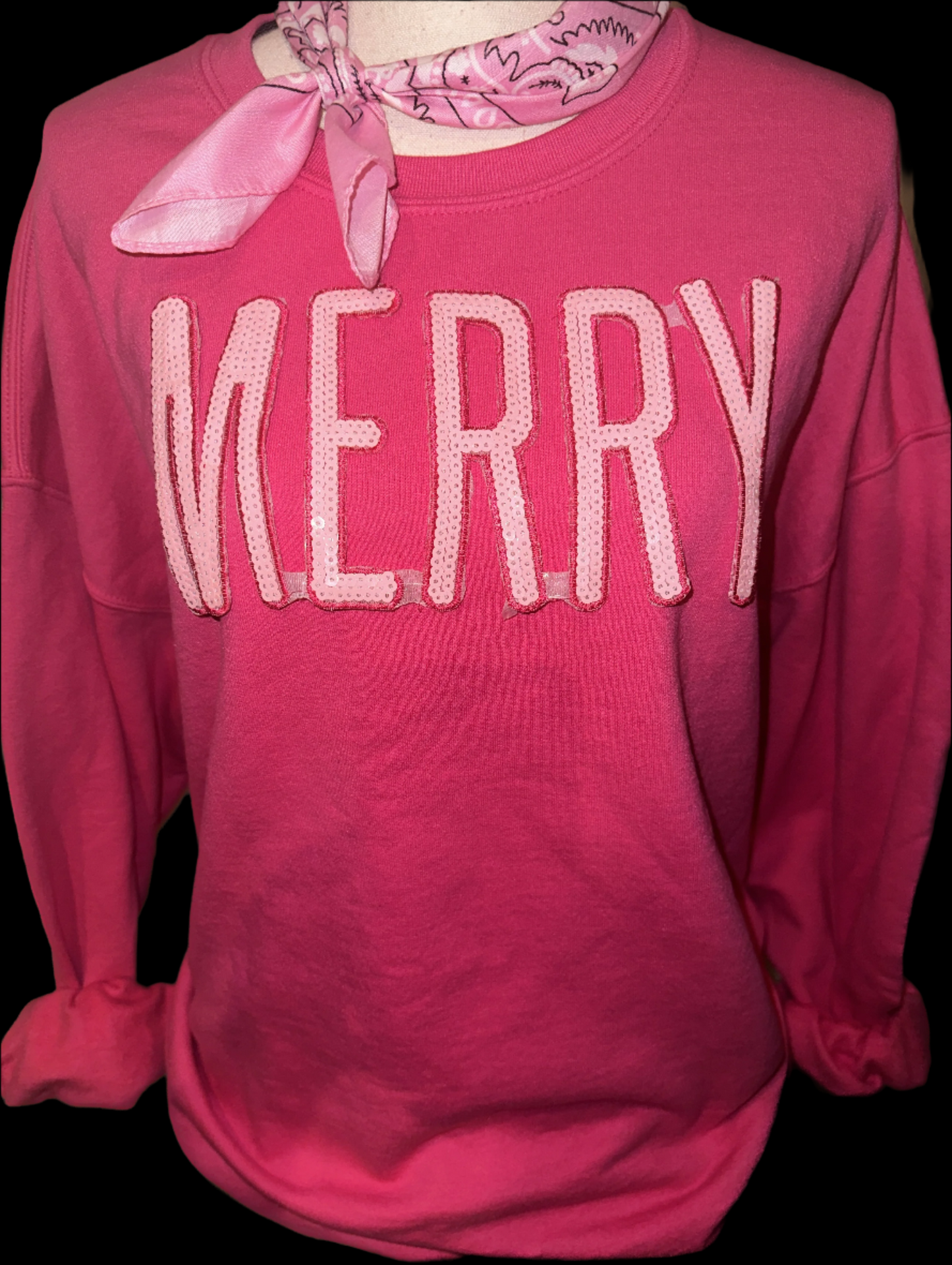 Sequin Pink Merry on (Heliconia, Kelly Green or Red) Sweatshirt