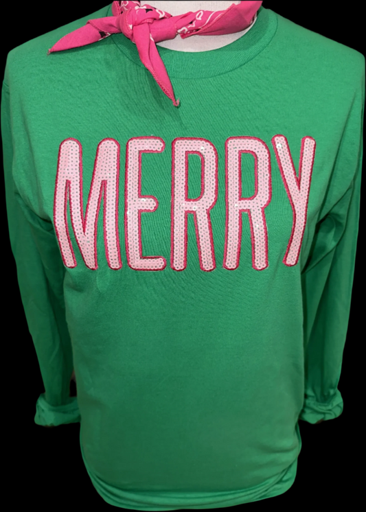 Sequin Pink Merry on (Heliconia, Kelly Green or Red) Sweatshirt