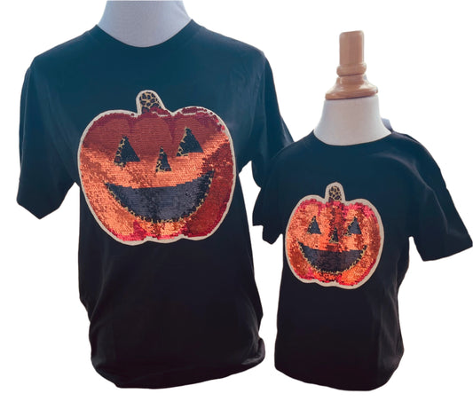 Sequin Pumpkin (Mommy or Mini) on Black (Adult or Youth) Crew