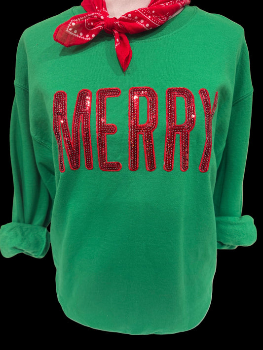Sequin Red Merry on (Kelly Green or Light Pink) Sweatshirt