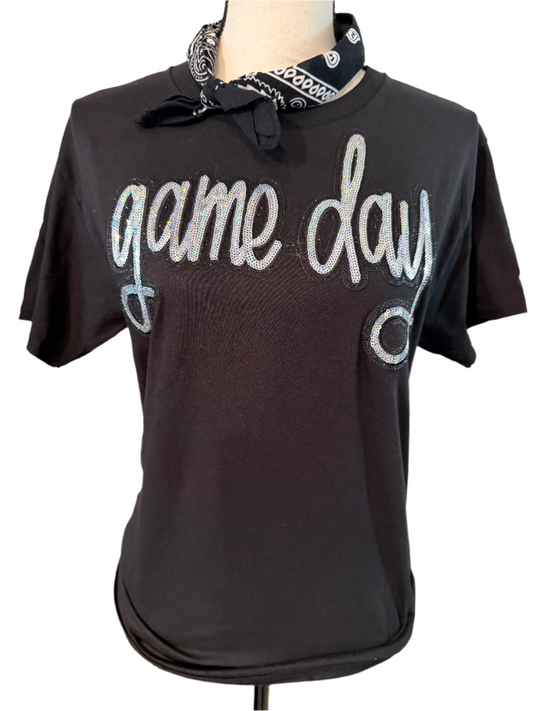 Sequin Silver Script Game Day Patch on (Black OR Red) Crew OR Red Sweatshirt