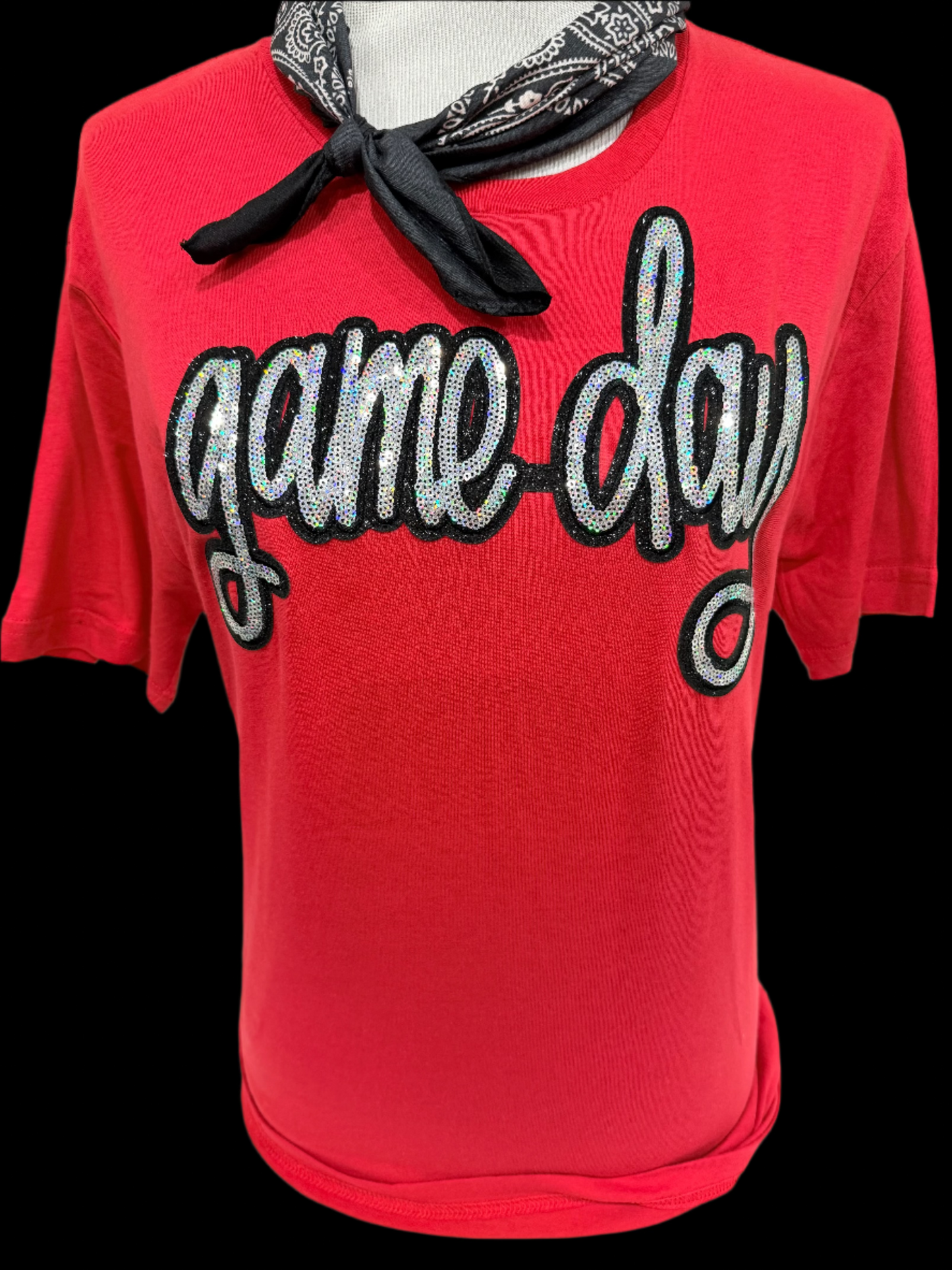 Sequin Silver Script Game Day Patch on (Black OR Red) Crew OR Red Sweatshirt
