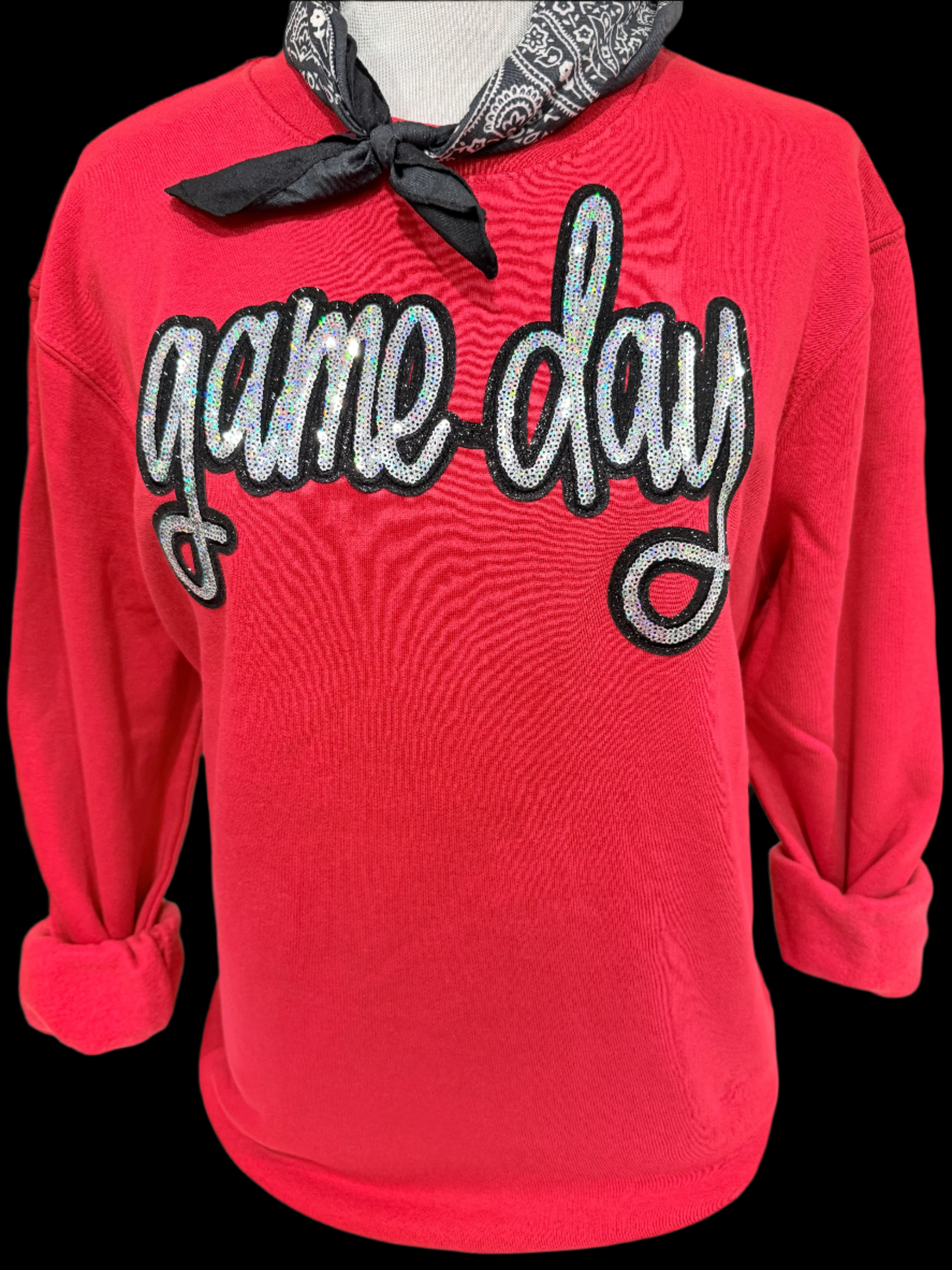 Sequin Silver Script Game Day Patch on (Black OR Red) Crew OR Red Sweatshirt