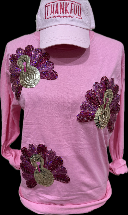 Sequin(C) Triple Turkey Patch on Pink Long Sleeve Crew