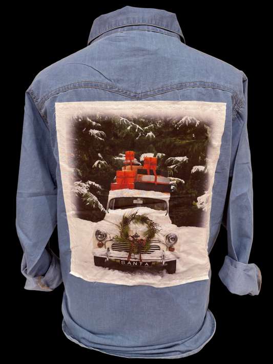 Christmas Snow Truck Patch on Denim Chambray