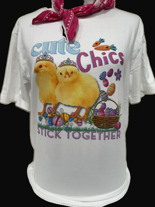 Cute Chicks Stick Together on White Crew