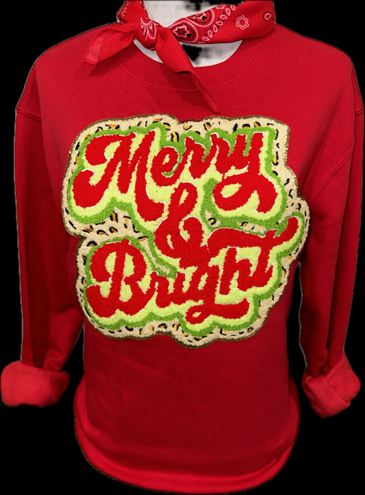 Chenille Leopard Border Merry and Bright on Red Sweatshirt