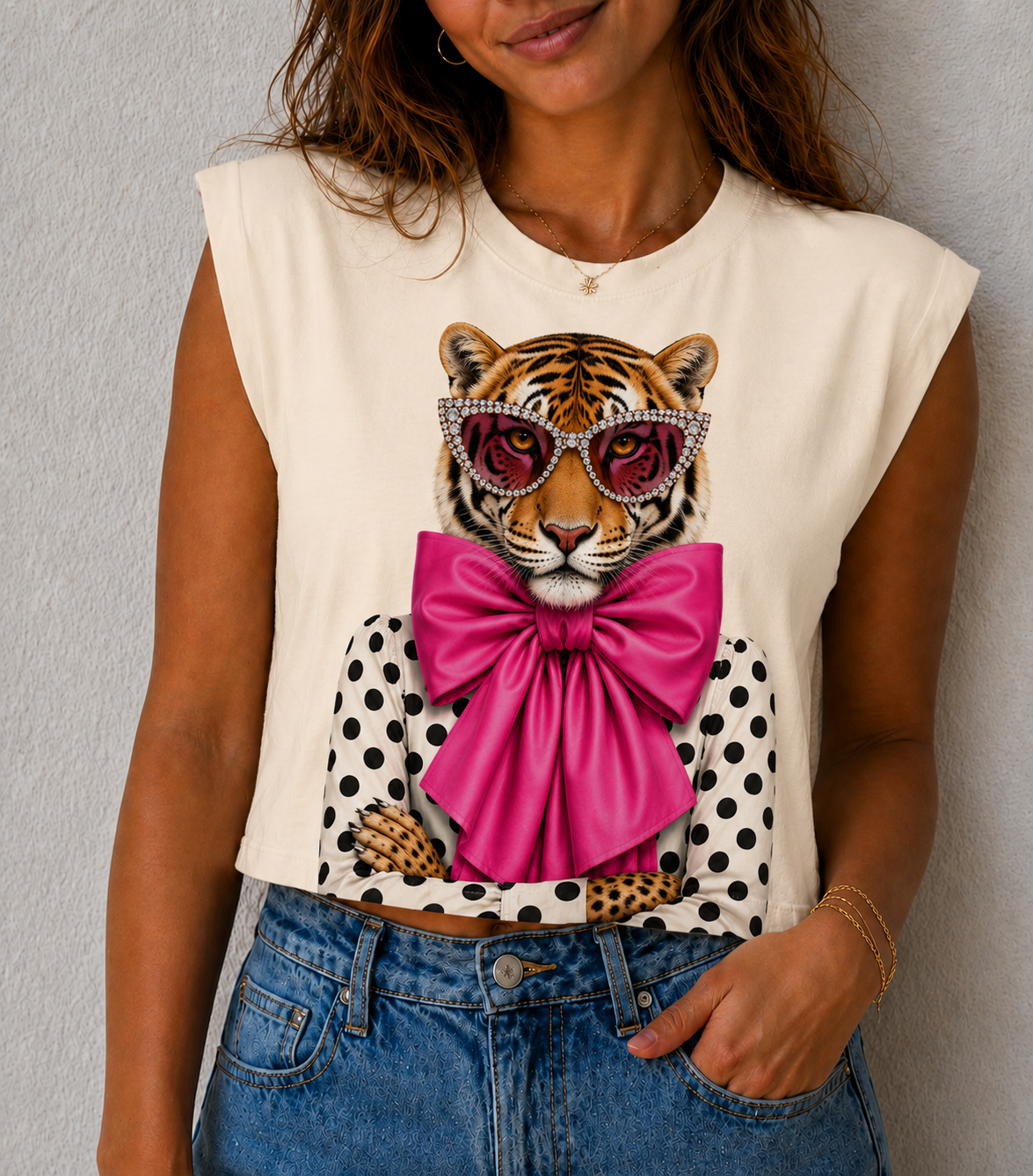 Polka Dot Tiger Cropped Cream Tank, White Crew & White Long Sleeve