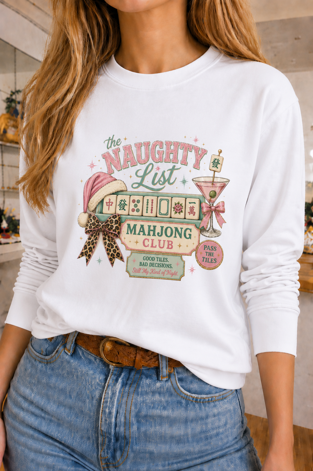 Naughty List Mahjong Club on White Sweatshirt