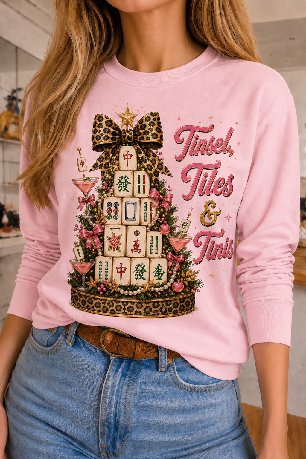 Tinsel, Tiles & Tinis Mahjong Club on Pink Sweatshirt