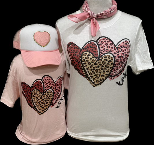 Triple Leopard Hearts(Mama or Mini) on White(Adult) or Light Pink(Youth) Crew
