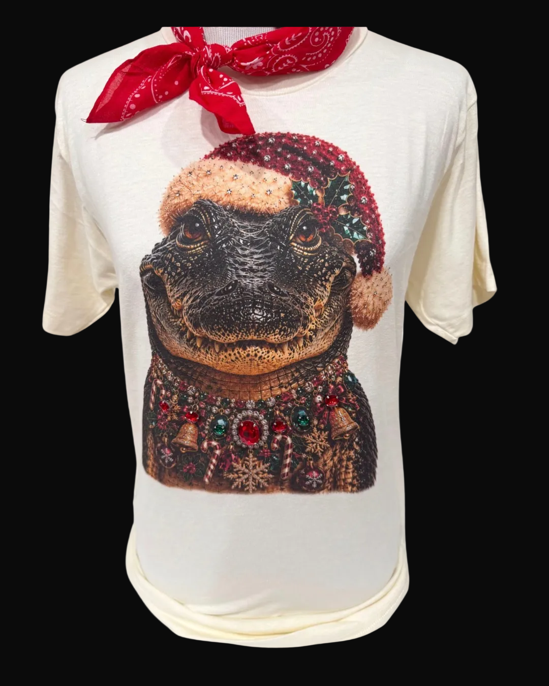 Christmas Alligator on Cropped White Tank and Crew
