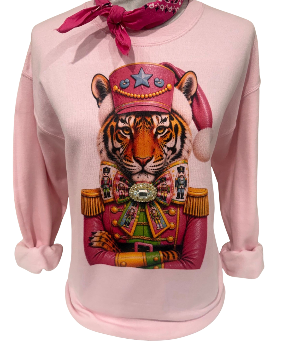 Nutcracker Tiger on Patched Blue and Pink and White Sweatshirts