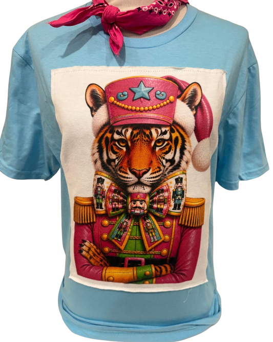 Nutcracker Tiger on Patched Blue and Pink and White Sweatshirts