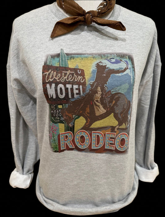 Western Motel Rodeo on (Hth Grey OR Silver) Crew OR Hth Grey Sweatshirt
