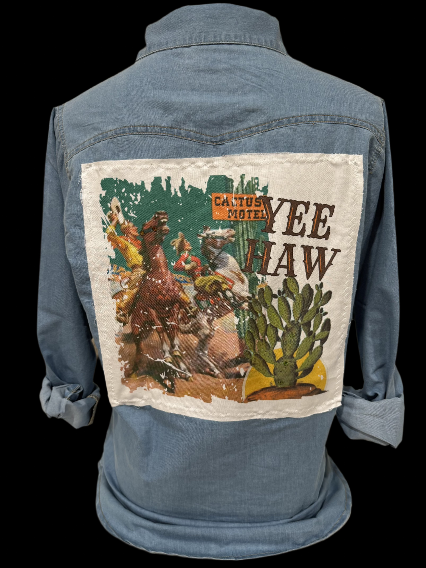 Yee Haw Cactus Motel on (Tan, Silver, SB Hth Grey) Crew, Denim OR Tan Sweatshirt
