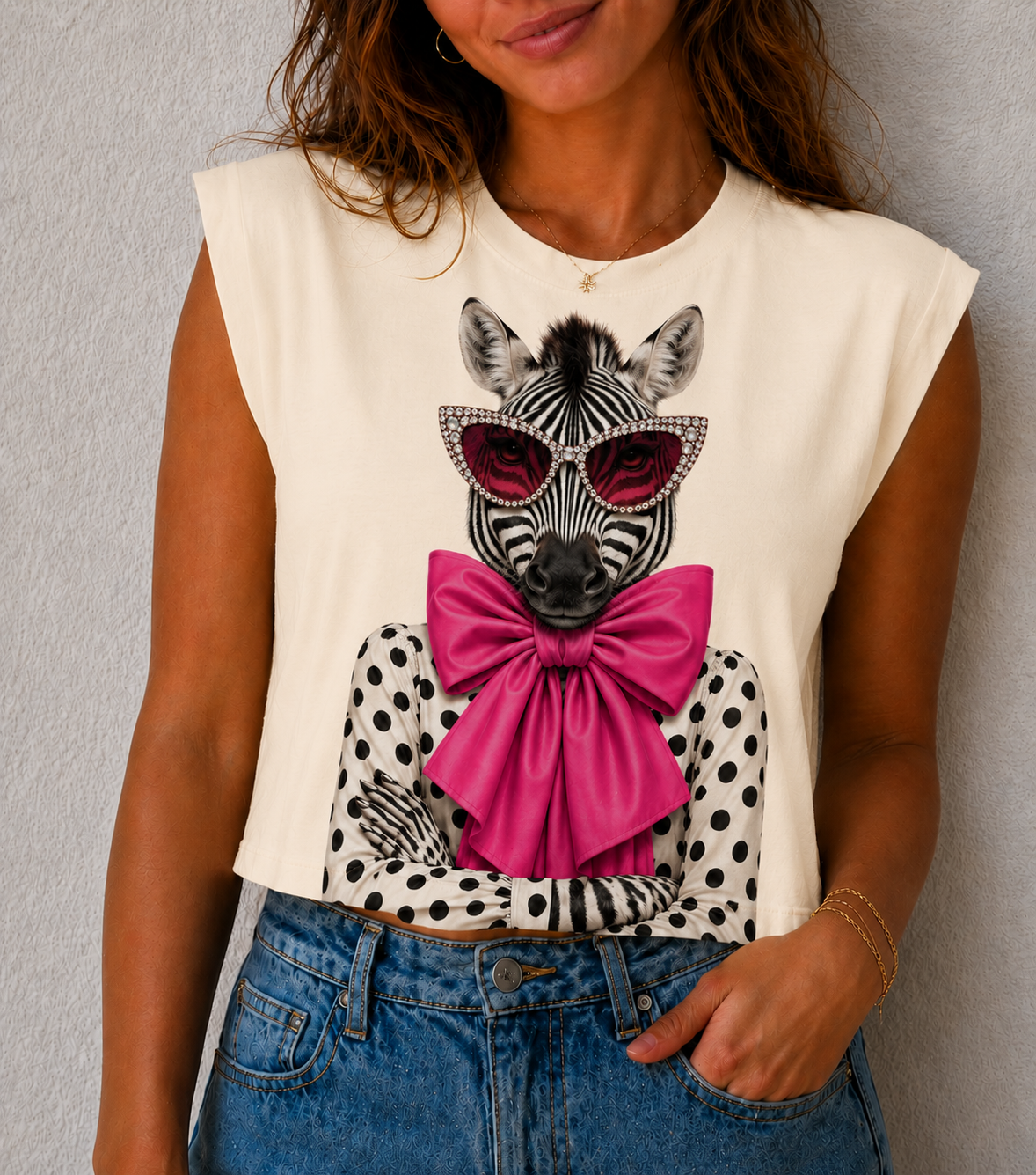 Polka Dot Zebra on Cream & White Cropped Tank, White Cream & Long Sleeve