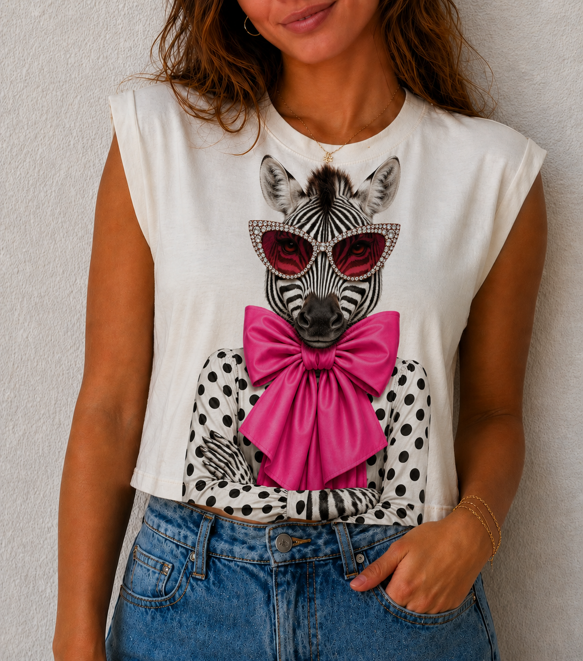 Polka Dot Zebra on Cream & White Cropped Tank, White Cream & Long Sleeve
