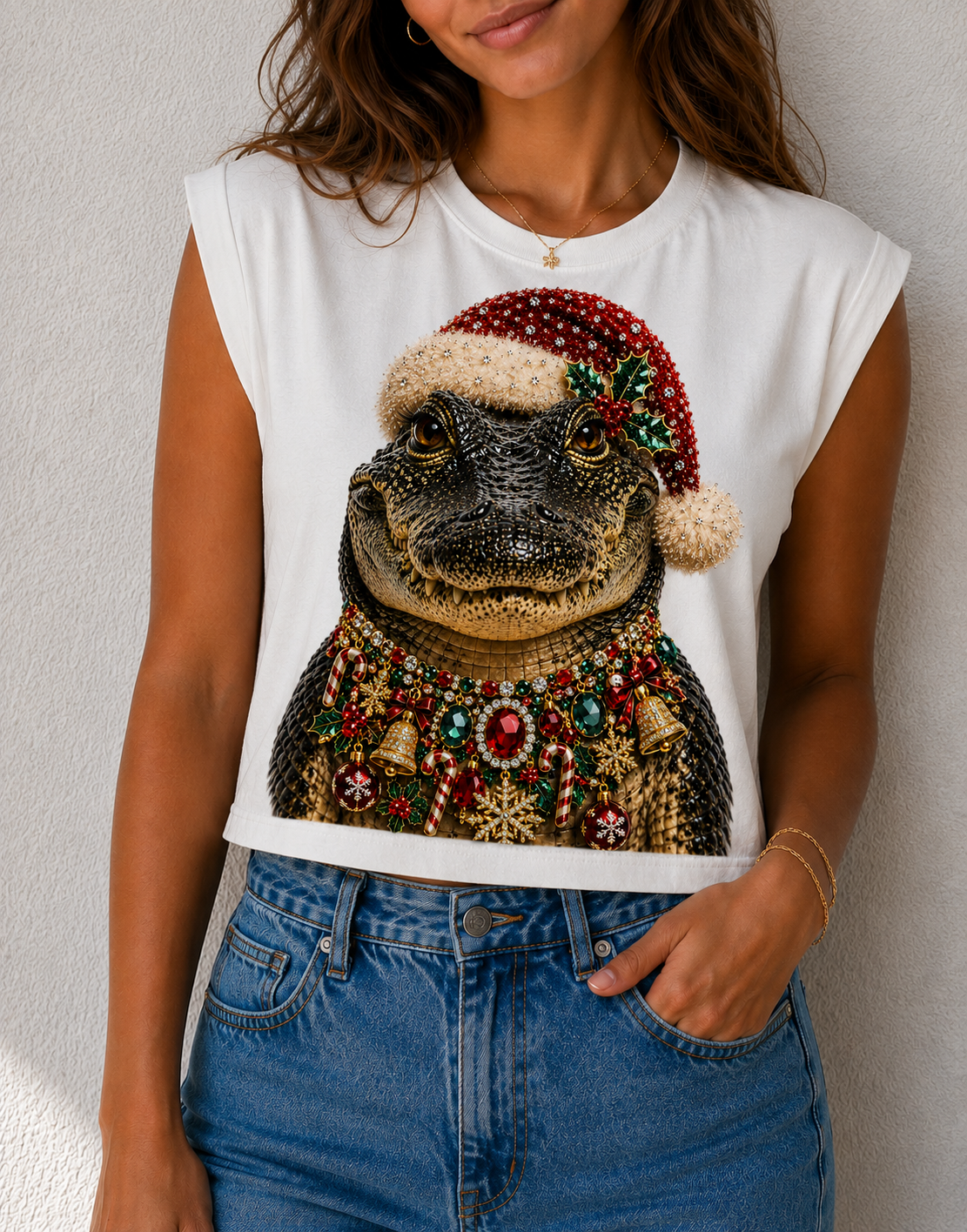 Christmas Alligator on Cropped White Tank and Crew