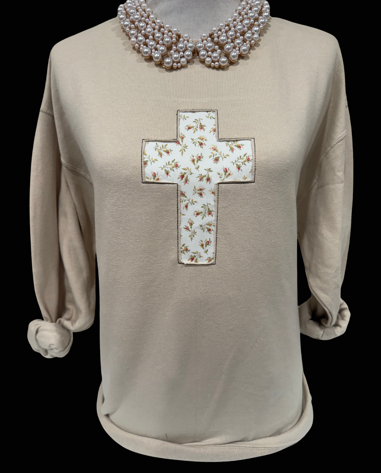 Cross Applique on Tan Sweatshirt