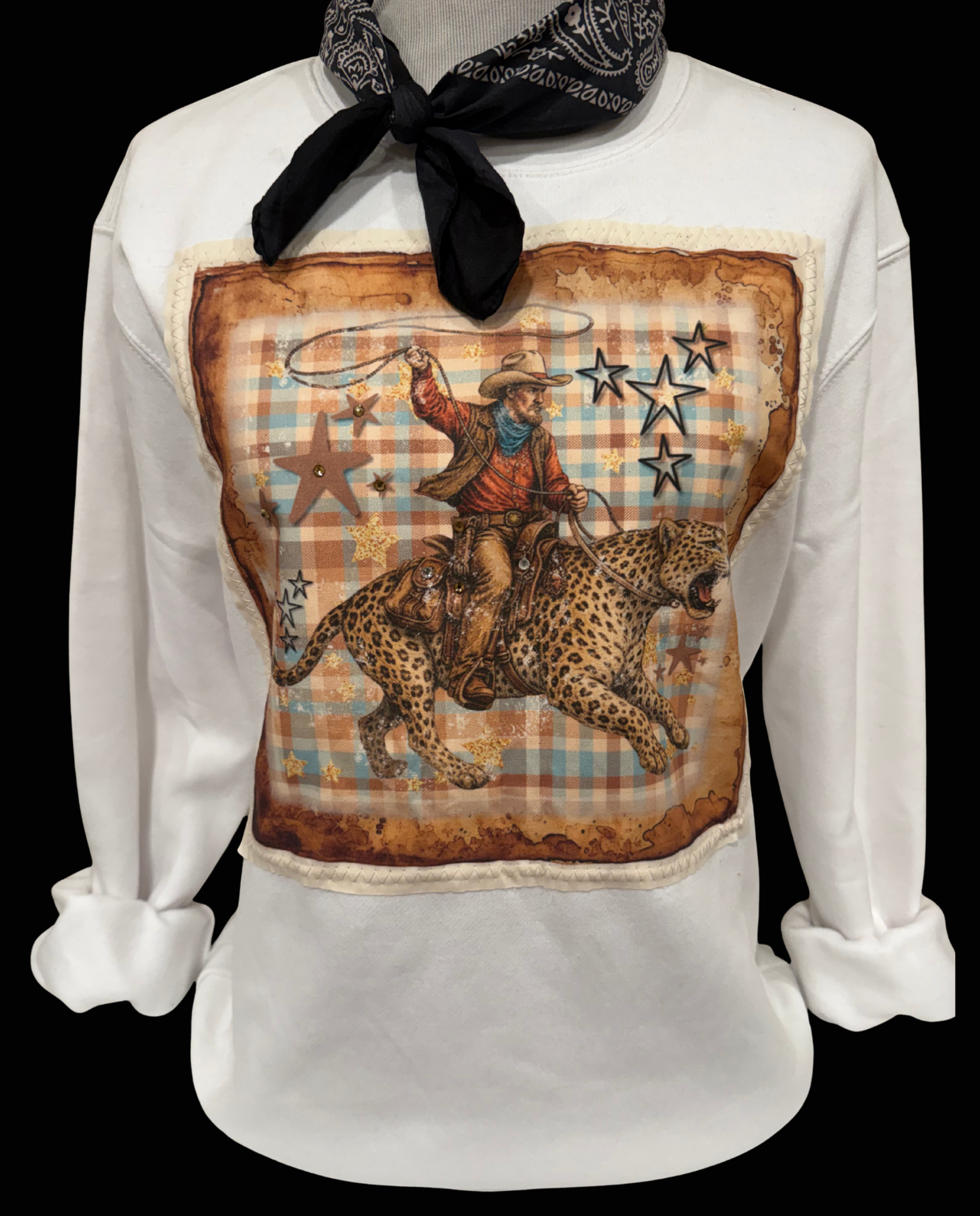 Plaid Leopard Bronc Rider on Crew or Sweatshirt