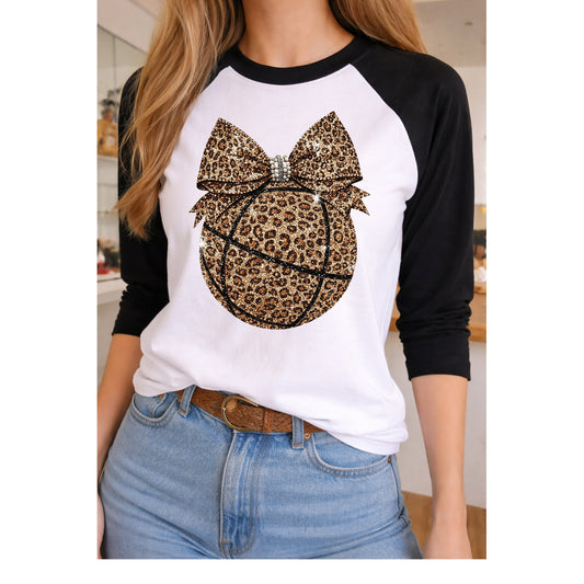 Leopard Bow Basketball Tee on Black/White Raglan