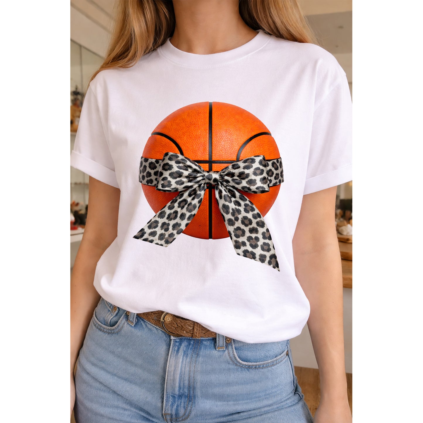 Leopard Bow Basketball Tee on White Crew