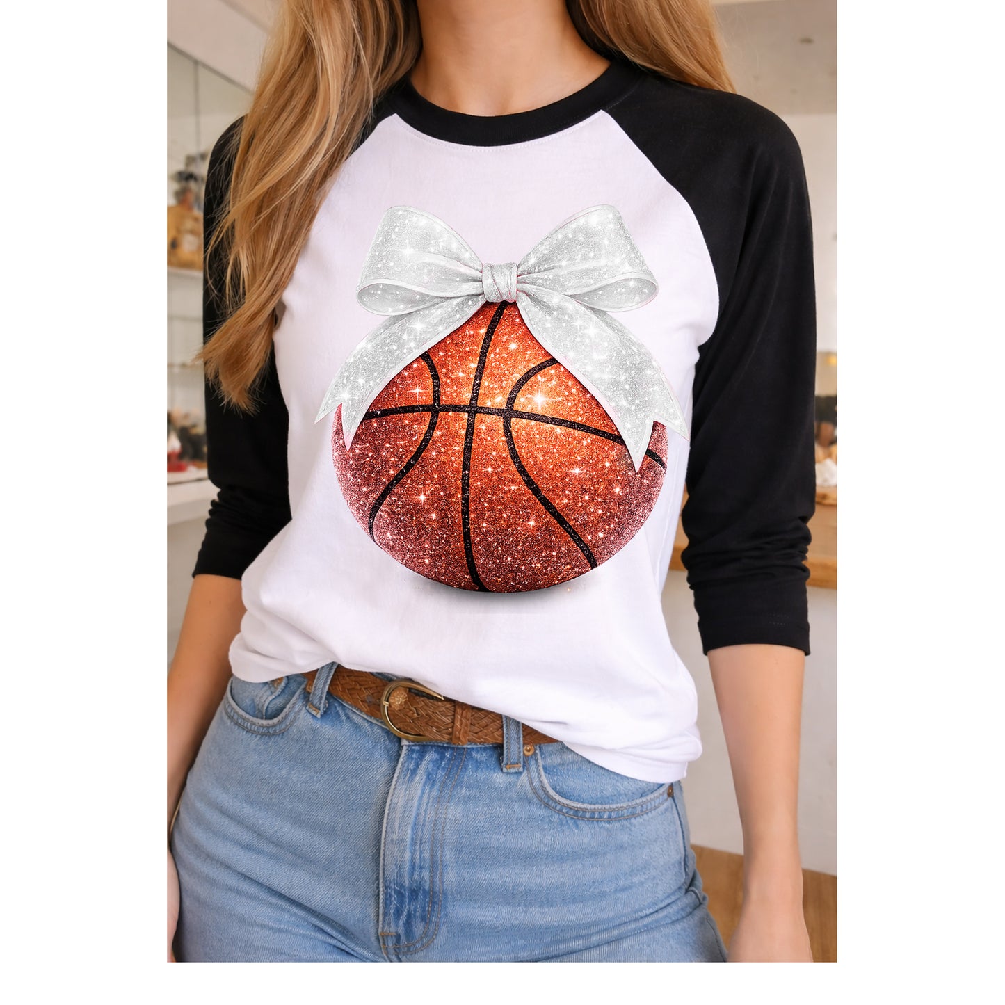 Silver Bow Basketball Tee on Black/White Raglan