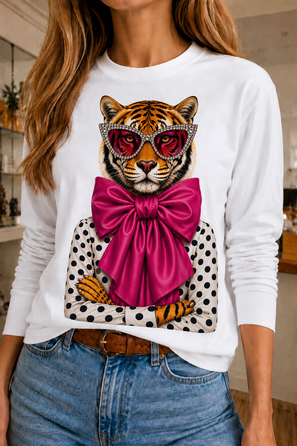 Polka Dot Tiger Cropped Cream Tank, White Crew & White Long Sleeve