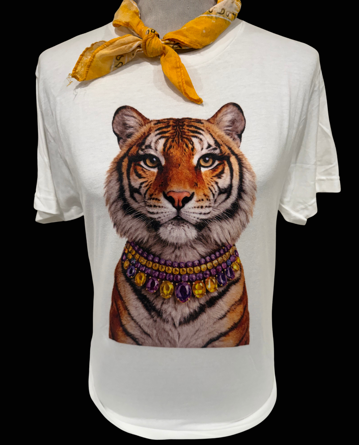 Purple & Gold Jeweled Tiger on White Tee