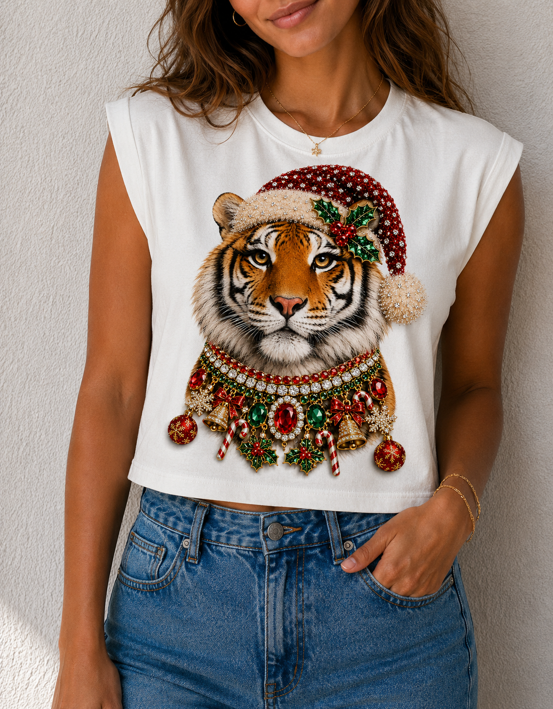 Tiger Christmas on Cropped Tank