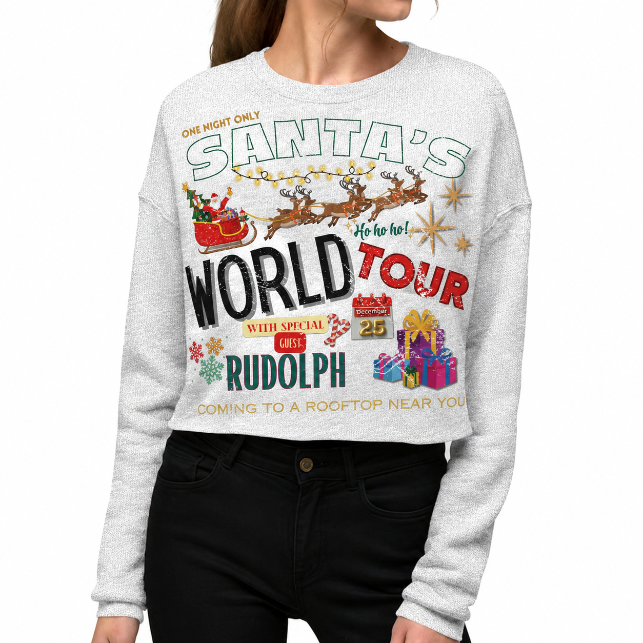 Santa's World Tour on Cropped Heathered Grey Sweatshirt