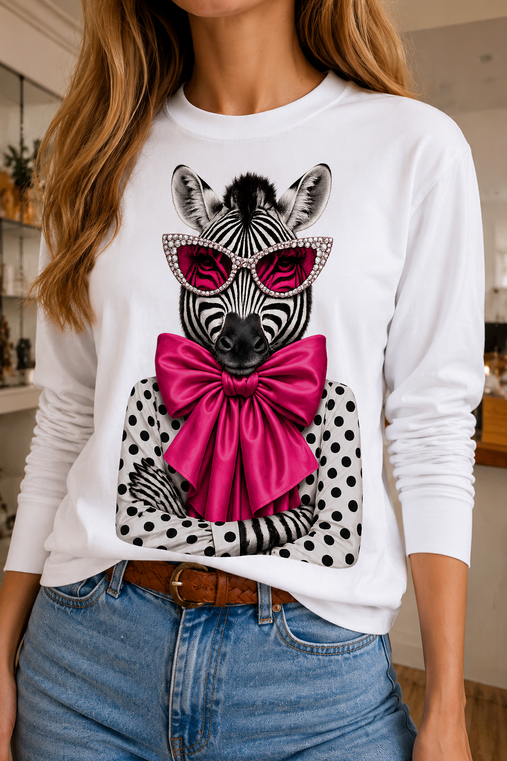 Polka Dot Zebra on Cream & White Cropped Tank, White Cream & Long Sleeve